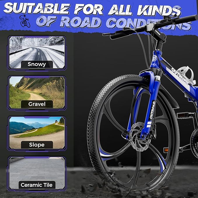 26 inch Folding Mountain Bike, Carbon Steel Frame and 21 Speed, Double Disc Brake and Dual Suspension Folding Bike for Adults/Men/Women, Easy Assembly Bicycle