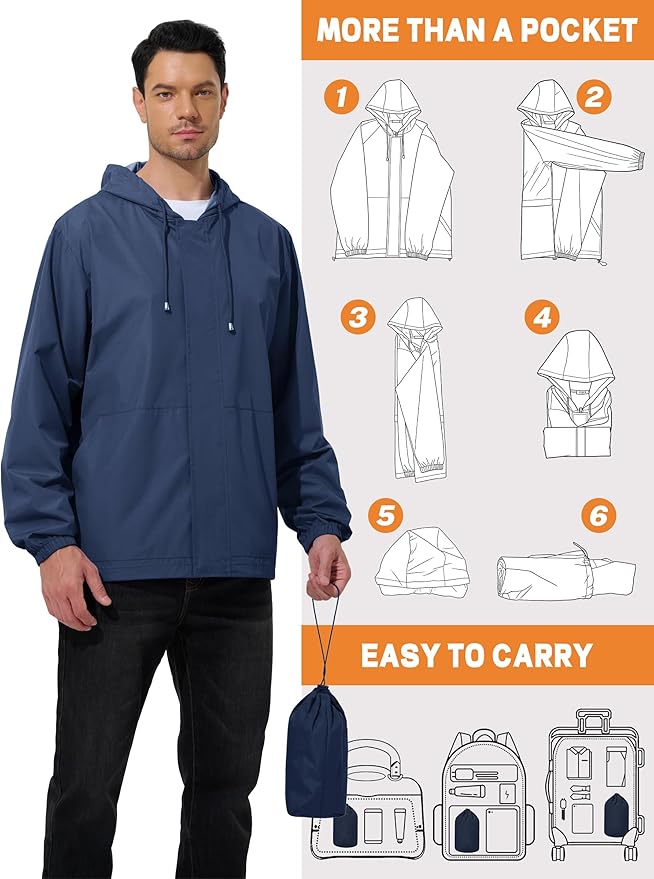 Men's Rain Jacket Waterproof Windbreaker Raincoat Cycling Running Hiking Golf Travel Gear Hood Lightweight Packable