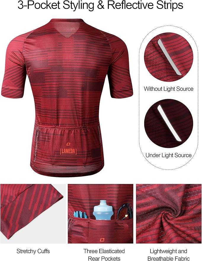 LAMEDA Men's Cycling Jersey Breathable Lightweight Short Sleeve Elastic Pro Road Bike Shirt Full Zip
