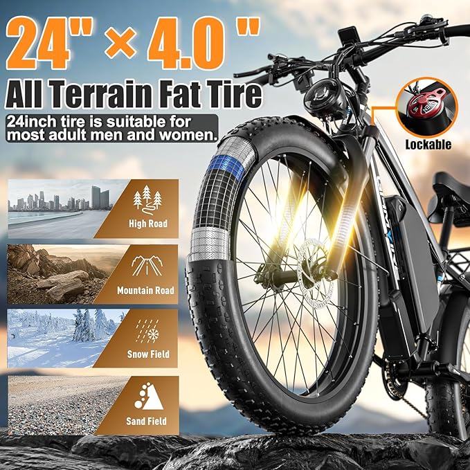 Ebike for Adults Electric, 52V 19.2Ah/32Ah, Peak 2000W/2500W E-Bike, 36/40MPH, 70 Miles/100Miles, Hydraulic Disc Brake, Off Road Snow Mountain E-Bike, 24"/26" Fat Tire Electric Bicycle UL2849 by SGS