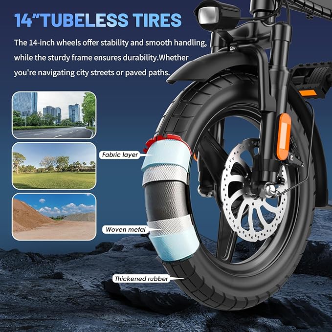 Electric Bike for Adults and Teens, 740W Peak Motor E-Bike with 30-60 Miles PAS Range, 48V 10AH/20AH Removable Battery, 14" Folding Mini Ebike with 20MPH, Electric Bicycle for Commute