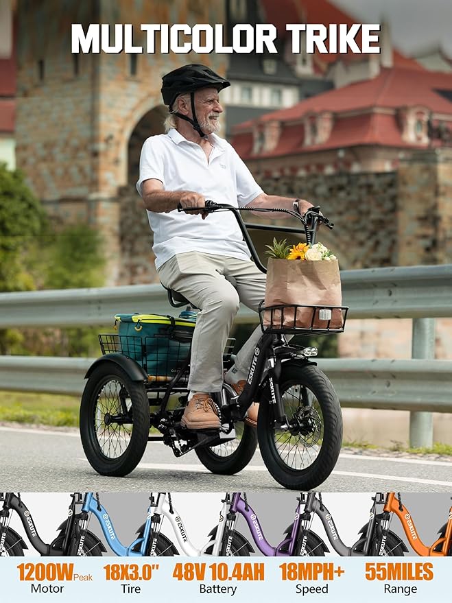 ESKUTE E Trike Electric Bike, Peak 1200W Brushless Motor Folding Trike 18X3.0 Fat Tire Ebike, 624Wh Removable Battery, Step-Thru 3 Wheel Electric Bicycle, Up to 55 Miles, 18MPH+ Tricycle for Adults