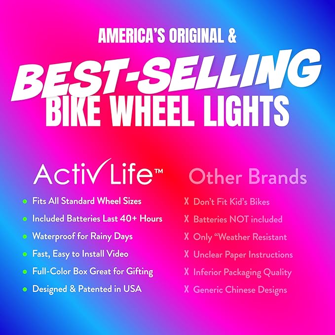 Activ Life 2-Tire Pack LED Bike Wheel Lights with Batteries Included, Get 100% Brighter and Visible from All Angles for Ultimate Safety and Style