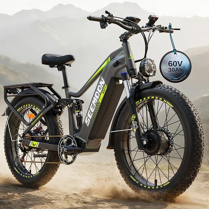 Seemoon 6000W Electric Bike for Adults,45 MPH up to 120Mile Dual Motor Ebike,60V 30Ah Battery,24" Fat Tire Electric Bicycle with Throttle Lock for Hunting Off-Road Commuter,Full Suspension E-bike