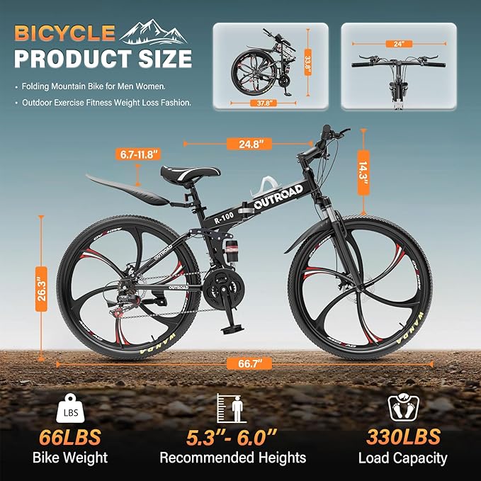 26 inch Folding Mountain Bike, Carbon Steel Frame and 21 Speed, Double Disc Brake and Dual Suspension Folding Bike for Adults/Men/Women, Easy Assembly Bicycle(Black/Green/Orange)