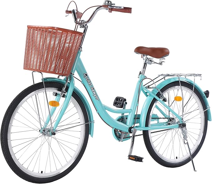 24/26in Beach Cruiser Bike for Women, Adults Bicycle Single Speed, Bicycle for Women with Basket & Steel Rack, Women's Bike for Commuting, Step Through City Bike for Adults