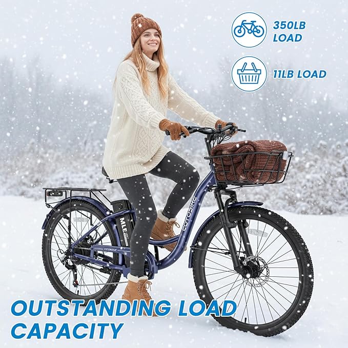 350W Electric Bike for Adults, 20MPH 7-Speed Commuter Ebike with 36V 10.4Ah Battery, Aluminum Frame, Front Suspension, Dual Disc Brakes, E Bicycle with Basket & Rear Rack, 330 lbs Load