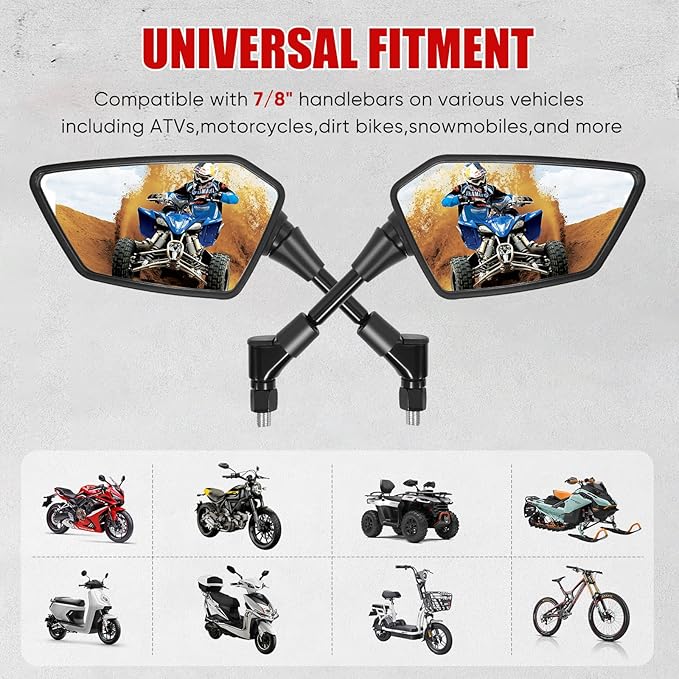 ATV Mirror, Multi-angle Side Rearview Mirrors for Bike Motorcycle ATV Scooter Cruiser with 8mm 10mm Bolt, 7/8" Handle Bar Mount Clamp Compatible with Suzuki Yamaha Honda Kawasaki Victory and More