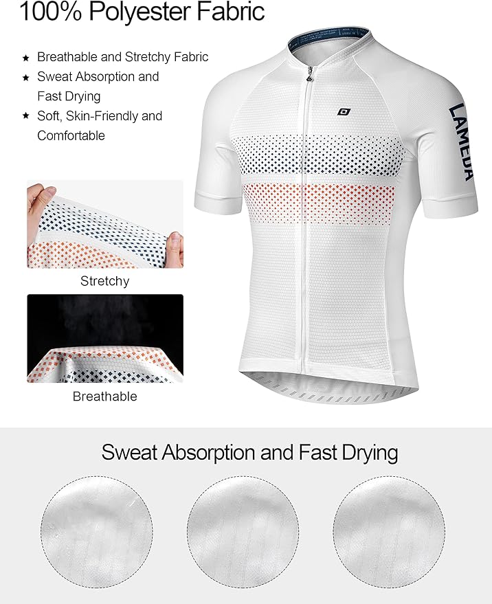 LAMEDA Men's Cycling Jersey Breathable Lightweight Short Sleeve Elastic Pro Road Bike Shirt Full Zip