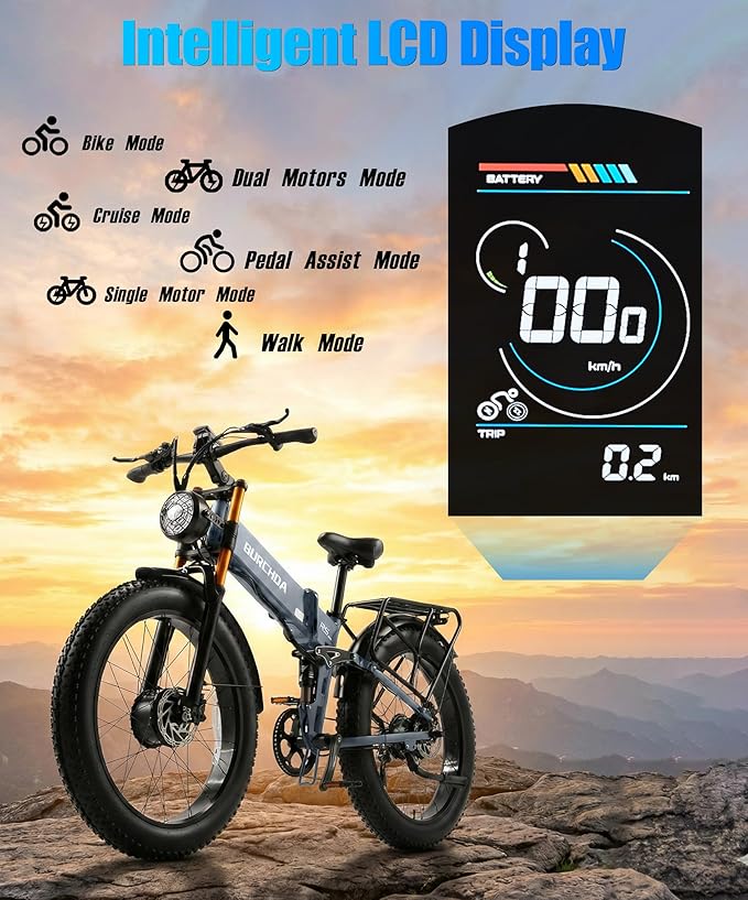 2026 Upgraded Dual Motors AWD Electric Bike for Adults 5000w/3000W/1500W Motor Dirt Ebike 40MPH/30MPH 52V/48V 30Ah/20Ah Battery Up to 90 Miles Long Range 26" Fat Tire Bicycle for Commute Mountains