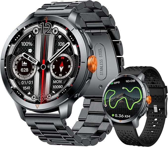 Rugged Smart Watch for Men with Built-in GPS, 1.6" AMOLED, 5ATM Waterproof Tactical Watch with Altimeter Barometer Compass, Bluetooth Calls, Outdoor Fitness Tracker for Android & iPhone - Black