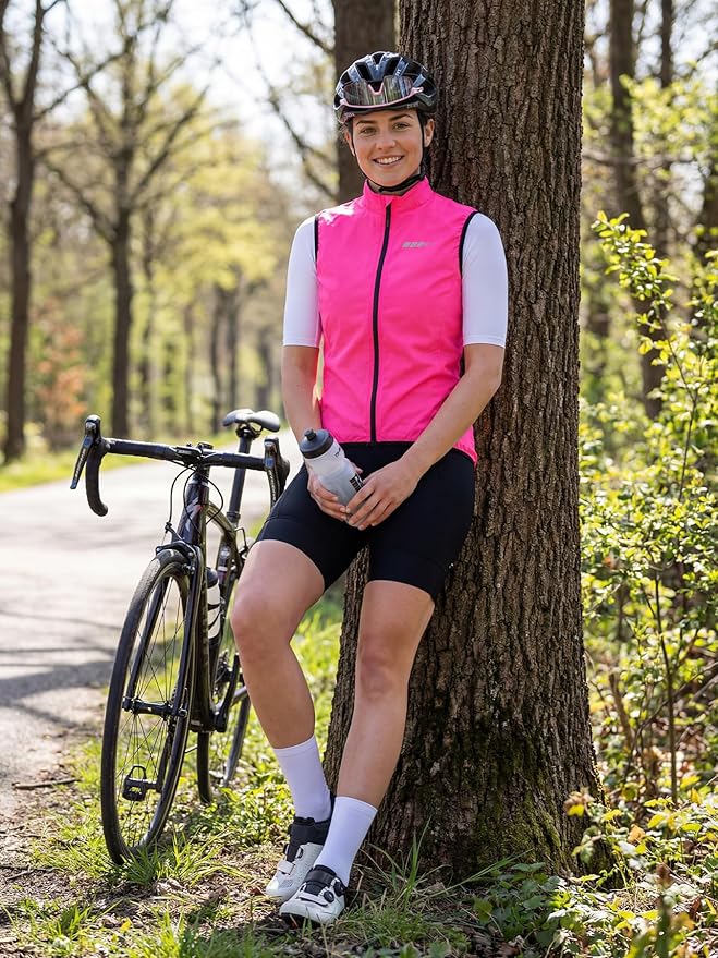 qualidyne Women's Windproof Cycling Vest, Lightweight Full-Zip Breathable Sleeveless Bike Jacket, 1 Back Pocket, Reflective