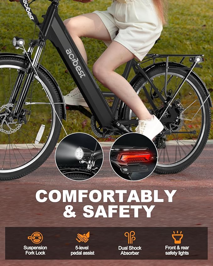 ACTBEST Electric Bike for Adults, Cores 26" Electric Commuter Bike Up to 28MPH 70 Miles, with Peak 1200W Motor, 48V 576Wh Removable Battery, 7-Speed City Cruiser Mountain E Bike for Commuting