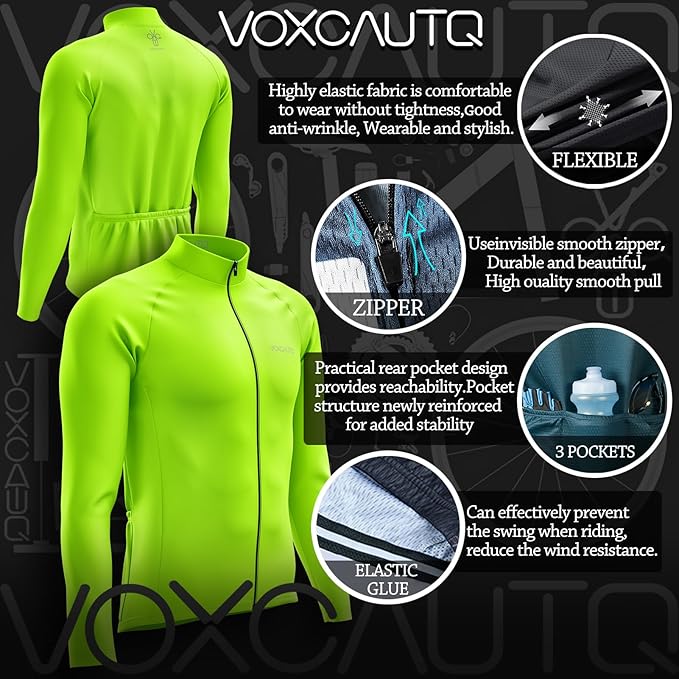Men's Cycling Jersey Moisture Wicking Long Sleeve Full Zip Bike Road Riding Biking Shirts+ Cycling Glasses