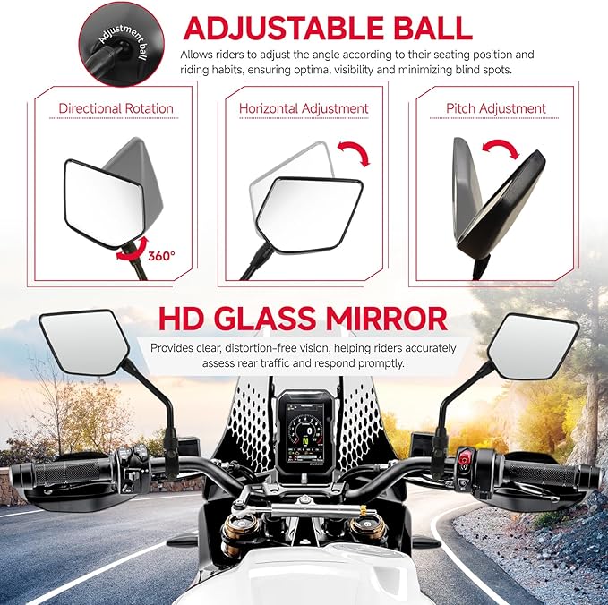 DREAMIZER Motorcycle Rear View Mirror - with M8 M10 Threaded Bolts, 7/8" Handlebar Mirror Mount Compatible with Motorcycle Scooter Moped Polaris Sportsman ATV Dirt Bike Cruiser