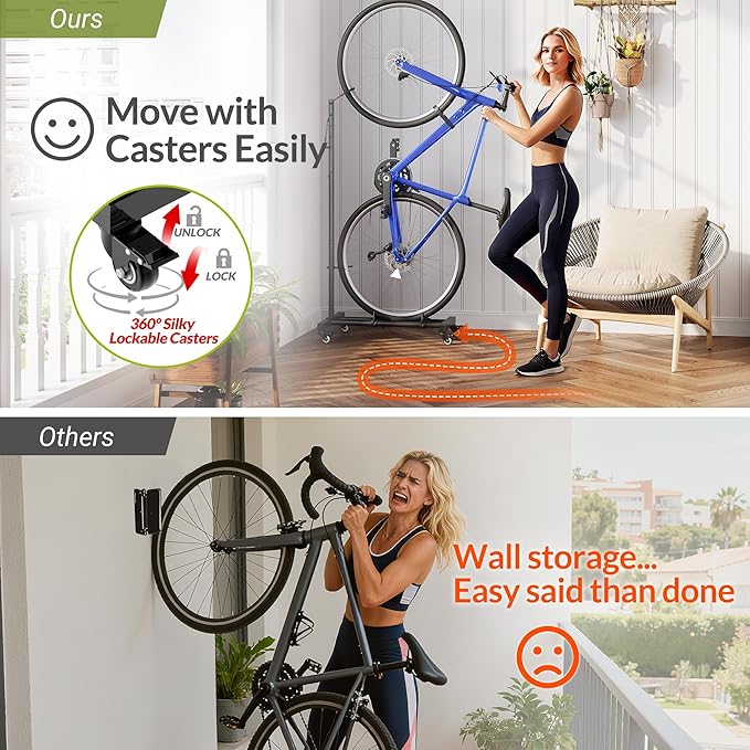 Vertical Bike Parking Stand - Adjustable Height for 29"Wheels, Space-Saving & Freestanding Bike Rack for MTB/Road Bikes,No-Drill Installation Indoor Bike Storage for Apartments & Garages