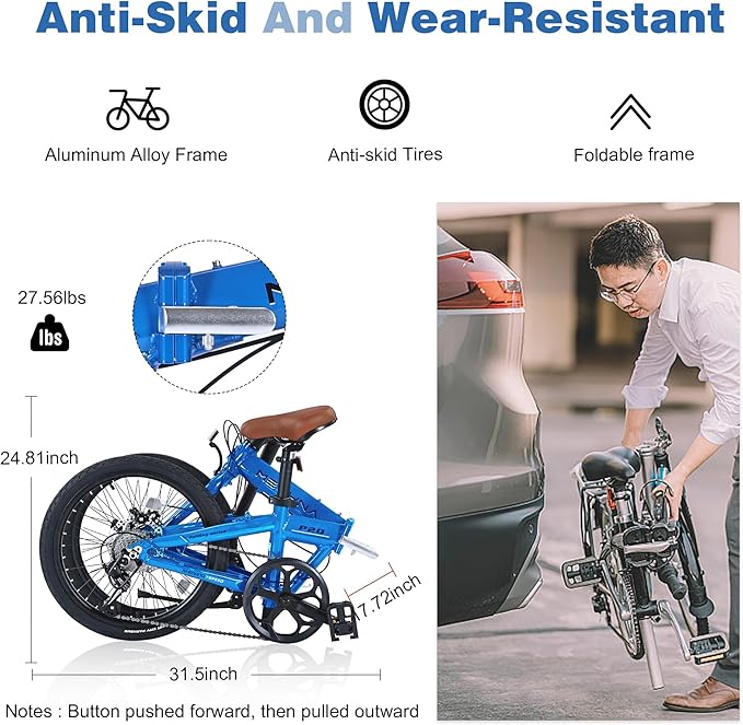 20 Inch Folding Bicycle, City Bike with Lightweight Aluminum Frame and Disc Brake, 7-Speed Commuter Bike for Adult Garden Outdoor