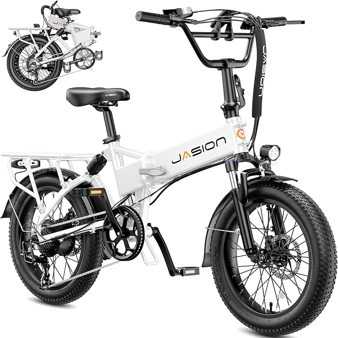 Jasion EB7 2.0 Adult Electric Bicycles, 28MPH Folding Electric Bike,1200W Peak Motor, 480WH Battery 55Miles Commute Ebikes for Adults,Shock Absorber,20" Fat Tire for City,Beach,Snow,Mountain