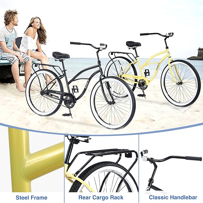 Multiple Colors Adult Beach Cruiser Bike, Single Speed Bicycles 26" Inch, Fixed Gear Bike, Wide Wheels for Stability, Rear Coaster Brakes, Multiple Speed Options