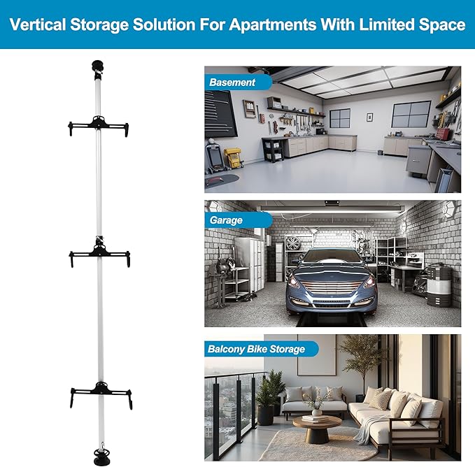 3 Bike Storage Rack, Floor to Ceiling Bike Vertical Freestanding Hanger Parking Rack, 360° Adjustable Hook Indoor Bike Storage Pole Stand, Floor Parking Cycle Organizer for Garages or Apartments