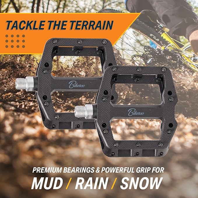 Bikeroo Black Light Up Mountain Bike Pedals for Night Morning, MTB Platform w/Grip Pins, All Metal Construction, 9/16" Spindle