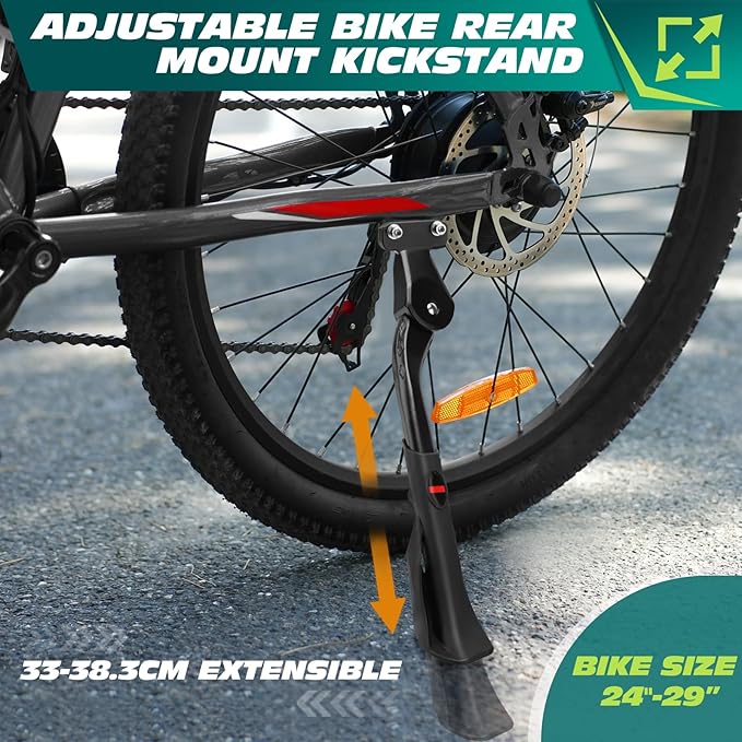 Bike Kickstand 24" to 29" Heavy Duty Adjustable Rear Mount Aluminum Alloy Bicycle Kickstand for Electric Mountain Road Adult Bikes 2 Holes