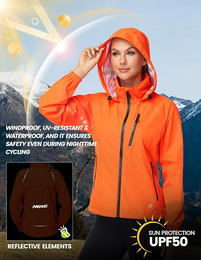 Nepest Womens Cycling Rain Jackets Lightweight Waterproof Biking Running Windbreaker UPF 50+ Reflective Packable Hooded
