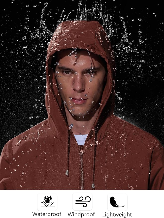 Mens Rain Jacket Raincoat Windbreaker Running Waterproof Lightweight Packable with Hood Travel Hiking Cycling