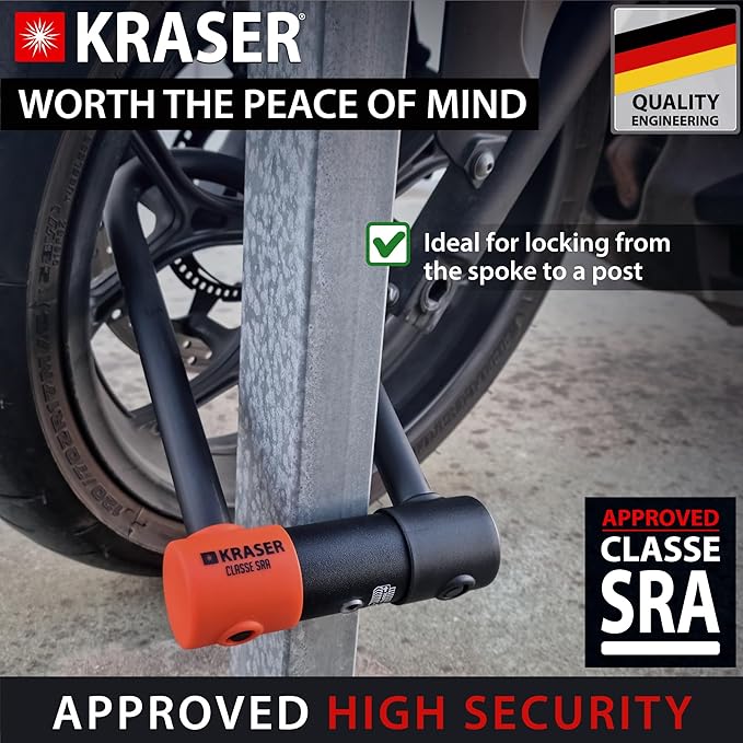 KRASER KR85M Robust U Lock, SRA Approved, High Security Tested, 85X250mm/3.34x9.84in ø18mm/0.7in Double Locking Shackle, Anti-Pick Lock, Anti Theft U Lock for Motorcycle, Scooter, Electric Bike