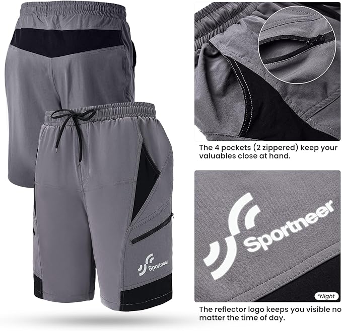 Sportneer Bike Shorts for Men: 3D Padded Lightweight Riding Biking Cycling Mountain Bike Shorts for Men with Zipper Pockets