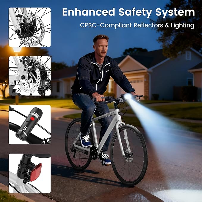 MOONCOOL Hybrid Bike for Men, 700C Aluminum 29LBS Ultra-Light 8-Speed Commuter Bike, 350lb Capacity, 29" Adult Urban Bicycle, Dual Disc Brakes, for Tall Men&Women, 85% Pre-Assembled