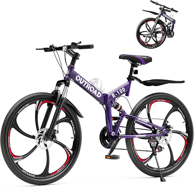 26" Foldable MTB – 21-Speed Full Suspension, High-Carbon Steel Frame, Dual Disc Brakes & Quick-Release Tires – Adults & Teens (Multiple Colors)