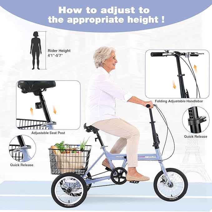 14 inch Folding Tricycle Dual Disc Brake Three Wheel Cruiser Bike Large Capacity for Adult