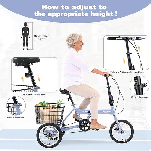 14 inch Folding Tricycle Dual Disc Brake Three Wheel Cruiser Bike Large Capacity for Adult