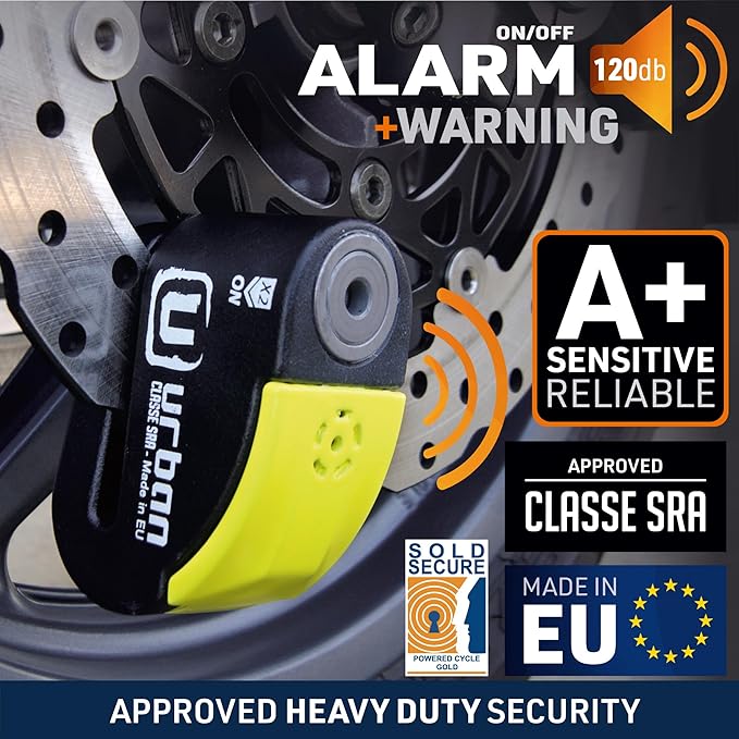 URBAN UR10 Approved Motorcycle Disc Lock with Smart Alarm | 120dB, LED, Warning, A+ Sensitivity, X2 ON | SRA & Sold Secure Gold Tested Anti-Theft for Motorbike | 10mm Double Locking, Hardened Steel
