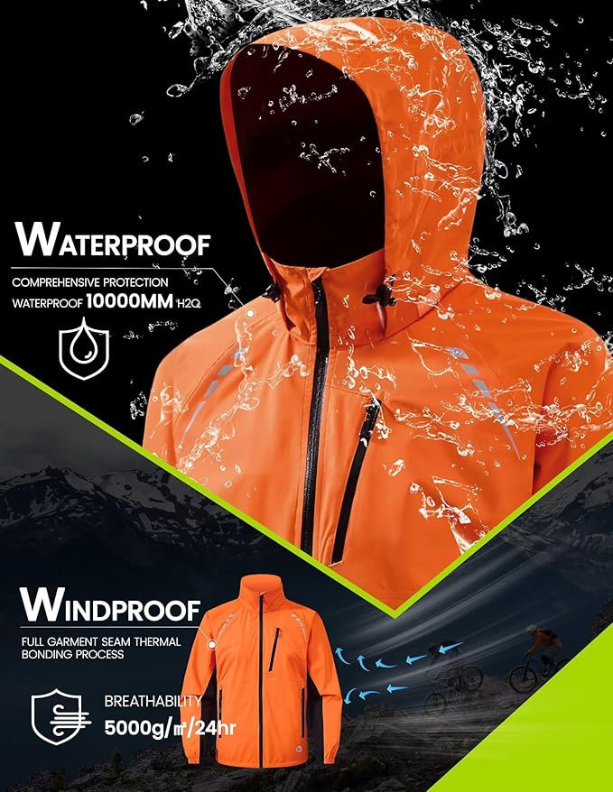 Nepest Cycling Rain Jacket Mens Waterproof Lightweight Packable Biking Windbreaker with Hood Raincoat for Running Hiking