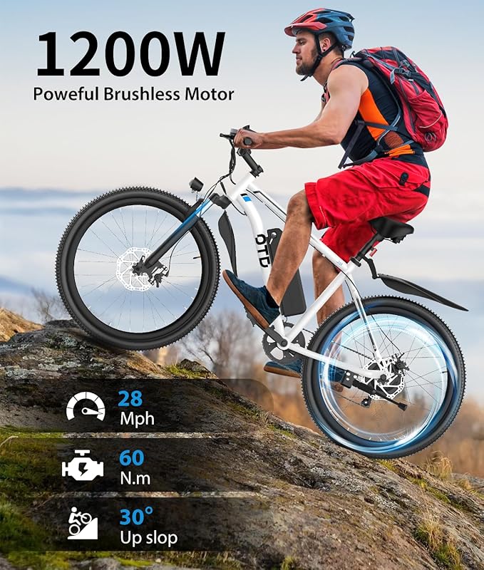 Electric Bike For Adults 1200W Peak Lightweight Mountain Ebikes,28MPH 26"x2.1" Fast Electric Bicycles,90 Miles PAS Long Range,48V 624Wh Removable Battery,7-Speed E-Bicycles with Mobile Phone Holder
