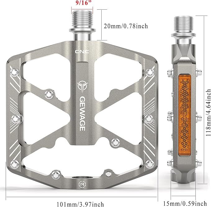 Bike Pedals 9/16 Inch - Bicycle Pedals with Reflectors - 3 Sealed Bearings MTB Pedals Wide Platform Pedals for Mountain Bike, BMX, Road Bike Pedals