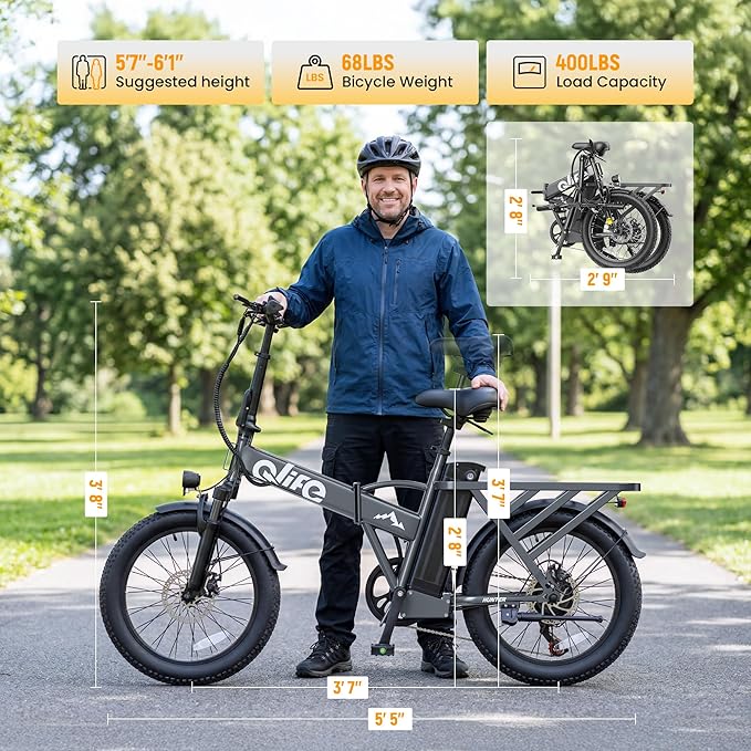Qlife Hunter Foldable Electric Bike for Adults, Peak 1200W Ebike with 48V 13.5Ah Battery, 65-Mile Range, Heavy-Duty Rear Rack, 20-Inch Fat Tires, Folding E Bike for Commuting & Outdoor Use