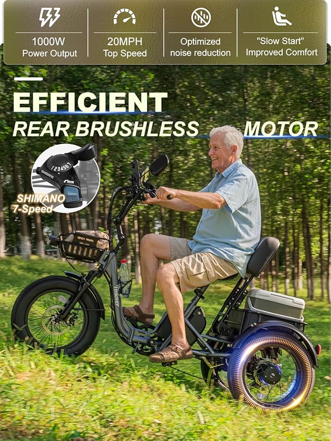 Folding Electric Tricycle for Adults 2 Seater, 22MPH 100 Miles 4" Wide Fat Tire Electric Trike, 3 Wheel Electric Bike 1200W, 48V 20AH Battery, 550LBS Load, Reverse, Parking, Differential, UL Certified
