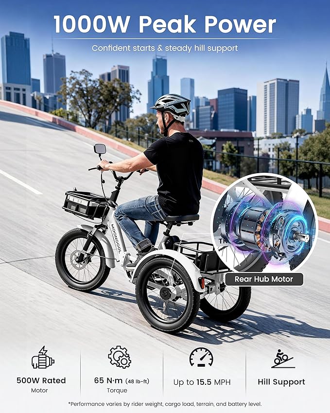 MOONCOOL Electric Trike for Adults, 500W/750W 48V Electric Tricycle for Adults Peak Power 1500W, 20"x3.0" Fat Tire 3 Wheel Electric Bike, Folding Aluminum Adult Tricycle with Removable Battery