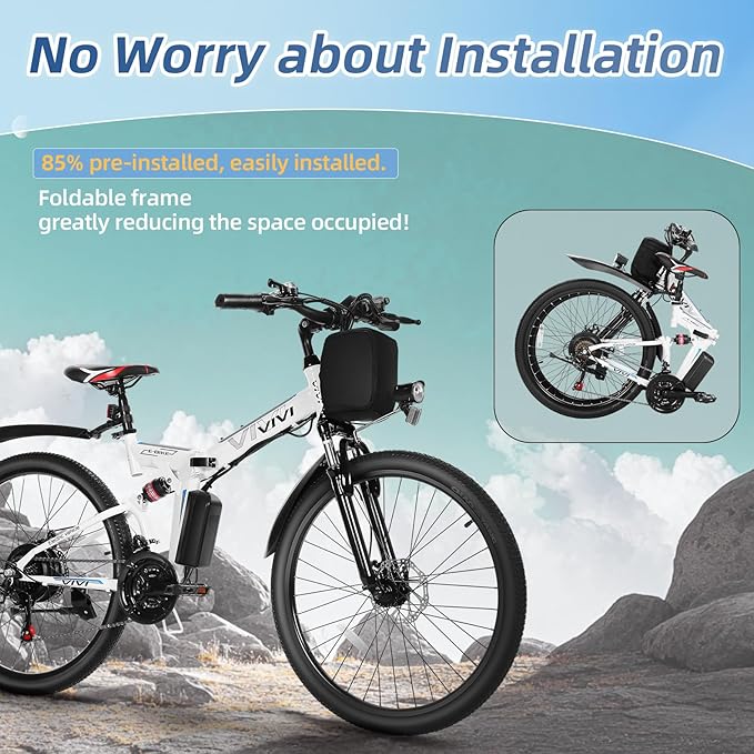 Vivi M026TGB Electric Bike 26" Electric Bike for Adults, Peak 750W Folding Electric Mountain Bike, 48V Removable Battery Ebike, 21 Speed Ebike, Top 22 Mph, Up to 50 Miles, SGS Certified to UL2849