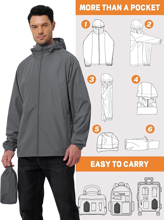 Men's Rain Jacket Windbreaker Waterproof Jacket Raincoat Cycling Running Hiking Gear Hood Lightweight Packable