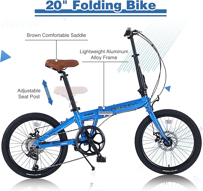 20" Folding City Commuter Bike, 7-Speed Shimano, Lightweight Aluminum Frame, Foldable Bicycle for Adults, Compact Folding Bike for Commuting & Outdoor Riding, Mini Portable