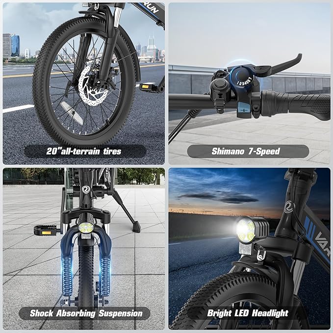 VARUN Electric Bike - Peak 500W Folding Ebike for Adults, 36V Removable Lithium Battery, 20" Foldable Electric Bicycle Up to 40 Miles 20MPH, Compact Commuter E-Bike for Women & Men