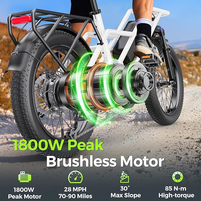 1800W Peak Electric Bikes for Adults 20" Fat Tire E Bike with 90 Miles Max Range 28 MPH Electric Bicycle Step-Thru Ebikes with 48V Removable Battery 7 Speed