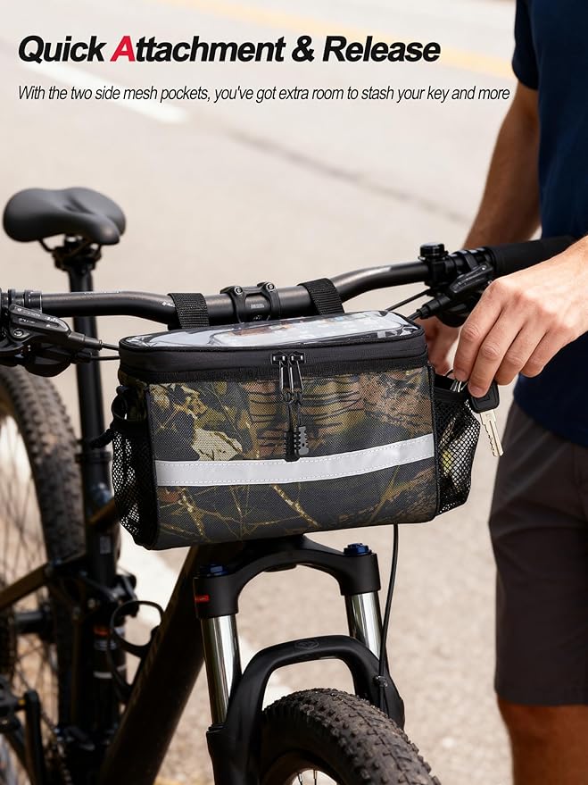 Camouflage Bike Handlebar Bag - Touchscreen Phone Holder, Secure Closure - Front Frame Pouch for Mountain/Road Bikes