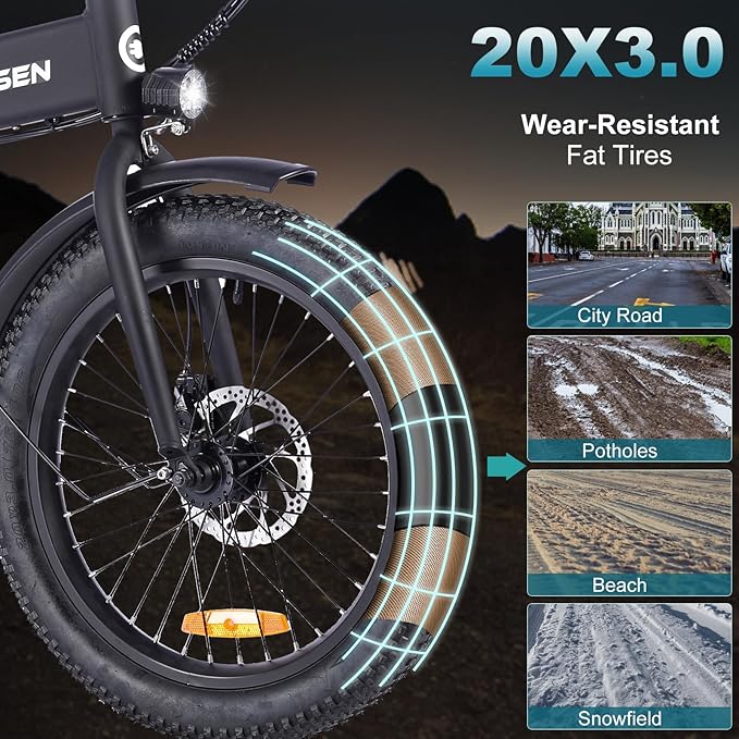 Folding Electric Bike for Adults, 20"×3.0 Fat Tire Electric Bicycle, 374.4Wh Battery Ebike, 20MPH Electric Cargo Bike with LCD Color Display & 6 Speed Gears (Fits for 5'0"+)