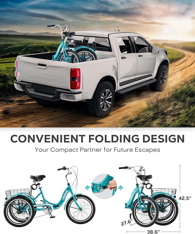 VIRIBUS Folding Tricycle for Adults, 20 inch Foldable Adult Tricycle 1 or 7 Speed Speed with Basket, Folding 3 Wheel Bikes for Adults Senior Women Men, Collapsible Mini Trike, Three Wheeler 330lb.