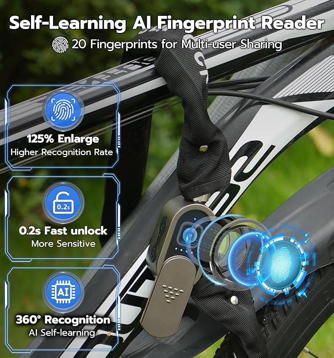 Anweller Fingerprint Bike Chain Lock, Heavy Duty Anti-Theft Weatherproof Bluetooth App Smart Lock for Bicycle, Motorcycle, Scooter, Moped, Outdoor Fence, Gate, Snowboard, Ski (0.31" Bold, 3.3' Long)